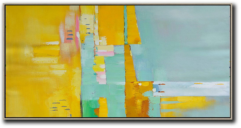 Large Abstract Painting Canvas Art,Horizontal Palette Knife Contemporary Art,Custom Canvas Wall Art,Yellow,Light Green,White,Pink.Etc